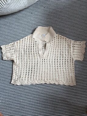 DR2 Cream Open Crochet Polo Top